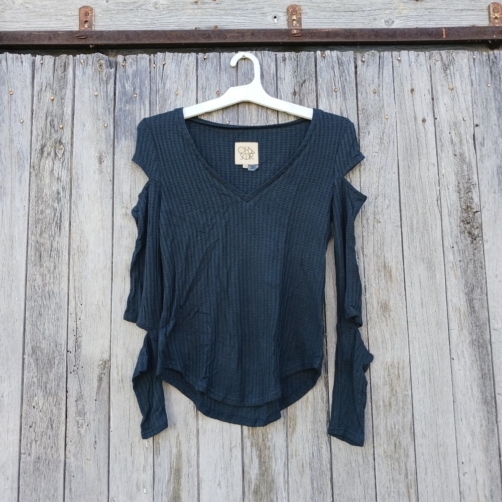 Chaser Waffle Knit Dark Blue Thermal‎ V-neck Cutout Sleeve Top Womens Sz XS